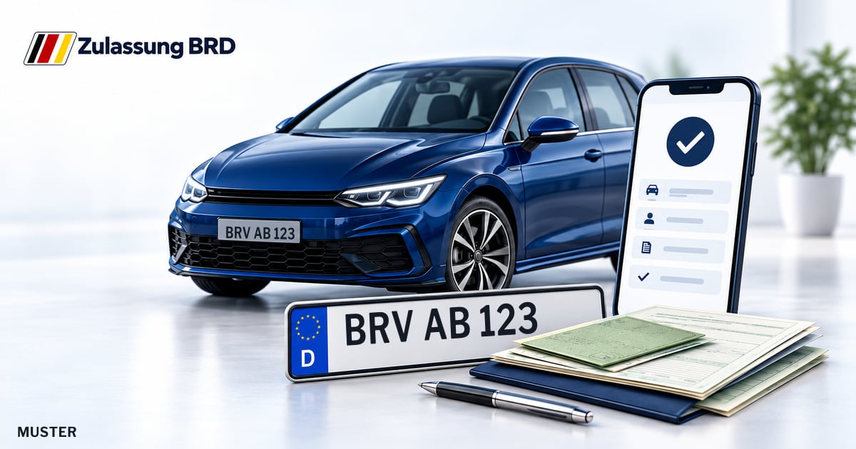 Online Fahrzeugzulassung in Zeven: Musterkennzeichen BRV AB 123, Auto und Fahrzeugpapiere und Smartphone. Illustration mit Logo von Zulassung BRD.